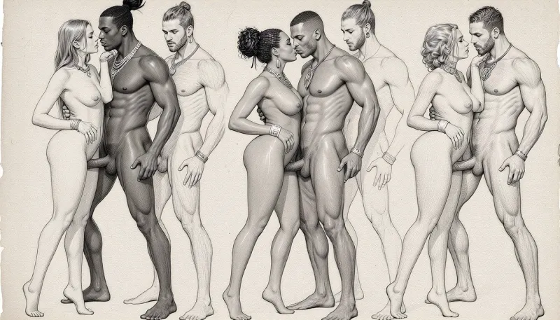 full body view, Rough charcoal sketch on textured paper, Nsfw. Pornographic art. explicit sexual intercourse poses of heterosexual couples of beautiful nude people from diverse ethnicities, curvy, busty, wide hips women, mascular, large cock males, traditional hairstyles and jewelry. clean line art, ethnographic erotic studies