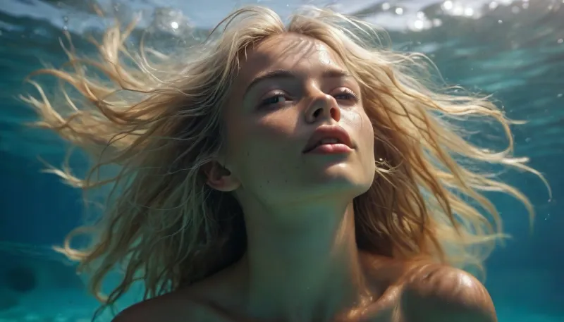naked woman with long, loose, slightly tousled hair, small breasts, dark brown skin, she is diving and swimming horizontally underwater, <lora:MJ52:1.1>