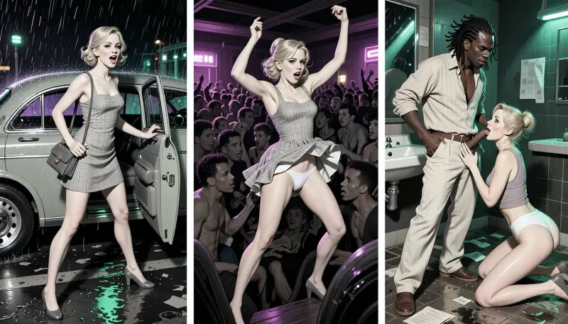 This is is a detailed monochromatic pencil drawing in a classical illustrative style depicts a scene set in 1960s, chaotic nightclub night. Same young woman in all panels, 18 yo, identical face and body, elegant blonde ponystyle hairstyle, sundress, shoes, handbag as recurring object. Left panel, night rain, open taxi door, wet asphalt reflecting green and purple lights, she looks alive and excited, spontaneous start of the night, Center panel, Exactly the same woman, deep inside a dark, crowded club, mosh pit-like energy, tightly packed bodies, almost no free space, she is not posing or isolated, torso leaning forward into the rhythm, arms thrown high in wild motion, head moving, the hem of the sundress is pulled up showing white panties.Right panel, nightclub bathroom, dark greenish light, scattered paper, wet floor, dirty sink, She's on her knee and licks the cock of Caribbean man, The same sundress rumpled, hem of the sundress is pulled up above the waist, without panties, bare legs and butt, a attractive Caribbean man with a penis, 28 years old, long dreadlocks, dark skin, broad shoulders, light beige open linen shirt, pale linen trousers pulled down to his knees, with mocking face, Raw, mocking, The overall mood is intense, rendered in fine, expressive line work and subtle shading, evoking the style of 1950s satirical or moralistic illustrations.