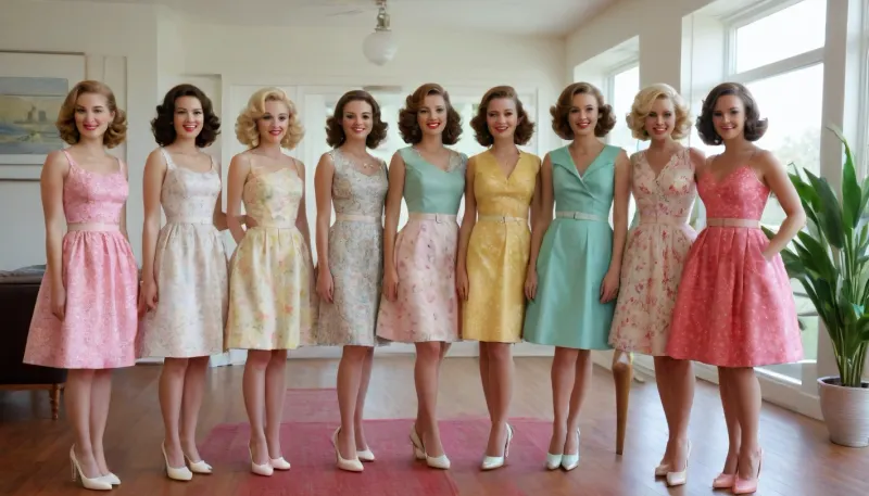 masterpiece, ultra-detailed, cinematic photo, 1950s-60s retro American aesthetic, hyper-polished perfection, fashion magazine style group portrait, wide-angle composition, a lineup of 14 beautiful women standing in coordinated formation, all smiling with immaculate posture and eye contact, each wearing a mid-century inspired floral underwear, colorful patterns, (roses, daisies, tulips), white heels, and pastel-toned accessories, hairstyles are all voluminous curls or perfect updos, makeup elegant and vibrant, setting is a polished wooden floor in a well-lit room, large glass French windows behind them, soft box lighting casting subtle gloss across the dresses and hair, color palette, candy tones, saturated yellows, reds, soft whites and greens, ultra-clean and color-harmonized, mood, surreal perfection, suburban utopia, subtle unease beneath perfection, inspired by Stepford Wives, Barbie Dreamhouse, and fashion propaganda aesthetic of mid-century America.