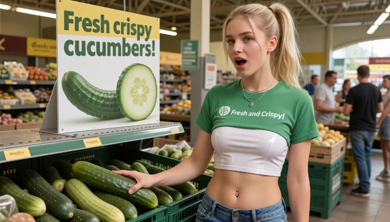 masterpiece, 4K, high detail, high resolution, 19 yo woman, dushi girl, very attractive face, her face is detailed without visual flaws, her nose is anatomically perfect, elegant jawline, standing, she is fully wearing a green shopping mall uniform with framed cucumber slice logo and correctly spelled text "Fresh and Crispy!" and underneath it she wears a white latex tanktop, (her breasts are not exposed), large belly button piercing, she wears jeans, she places a large cucumber in the shelf, light-blonde hair in a ponytail, a silver necklace, open mouth with surprised expression, energetic pose, (there is an advertisement sign on the shelf with sharp correctly spelled letters "Fresh crispy cucumbers" underneath is a curved cucumber with a cucumber slice), The environment is an open air food market with food shelves in the background, she is standing next to a food crate with lots of freshly harvested cucumbers, shopping people in the supermarket, Natural light illuminates the scene, casting soft shadows. The colors are muted and natural, with greens and yellows dominating the palette, The overall mood is casual, friendly and indoorsy, The composition is a full shot, front-level view, she looks at the viewer, showcasing the subject from the side, capturing a relaxed and approachable atmosphere, The perspective is straight-on, displaying a calm and neutral outlook, The textures are smooth and natural on clothing, everything is in sharp focus from the camera.