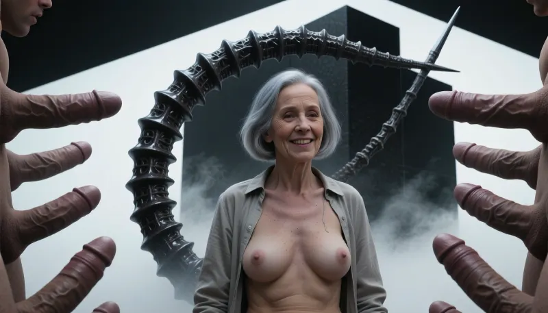 A full-body, head-to-toe. An elderly, innocent, topless, cheerful grandmother who's wearing a blouse, (an aged woman, 70 years old:1.8), . Her skin is that of a 70-year-old woman. The old lady has grey hair, (Small, long, and very saggy breasts:1.8), ((very detailed skin)), . Hair cut in a bob, surrounded by men's giant penises
surreal digital art, a tall, segmented alien-like spine or skeletal tentacle curving gracefully, textured dark organic material, tapering to a sharp, needle-like point, dark silhouette against a stark, high-contrast background, geometric rectangular monolith behind the object, atmospheric misty fog, soft white light diffusing from the bottom, clean minimalist composition, H.R. Giger inspired biomechanical aesthetic, eerie and enigmatic, cinematic lighting, sharp focus, 8k resolution, highly detailed texture.
