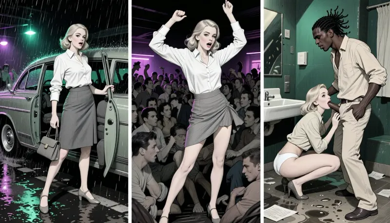 This is is a detailed monochromatic pencil drawing in a classical illustrative style depicts a scene set in 1960s, chaotic nightclub night. Same young woman in all panels, 18 yo, identical face and body, elegant blonde ponystyle hairstyle, in blouse and a flattened skirt, shoes, handbag as recurring object. Left panel, night rain, open taxi door, wet asphalt reflecting green and purple lights, she looks alive and excited, spontaneous start of the night, Center panel, Exactly the same woman, deep inside a dark, crowded club, mosh pit-like energy, tightly packed bodies, almost no free space, she is not posing or isolated, torso leaning forward into the rhythm, arms thrown high in wild motion, head moving, the hem of the skirt is pulled up showing white panties.A Caribbean man in a dance hugs and touches her.Right panel, nightclub bathroom, dark greenish light, scattered paper, wet floor, dirty sink, She's squatting down and licks the cock of Caribbean man, in open unbuttoned blouse and white panties, bare legs and butt, Caribbean man with a penis, 28 years old, long dreadlocks, dark skin, broad shoulders, light beige open linen shirt, unbuttoned pale linen trousers pulled down to his knees, with mocking face, his hand on her head, Raw, mocking, The overall mood is intense, rendered in fine, expressive line work and subtle shading, evoking the style of 1950s satirical or moralistic illustrations.