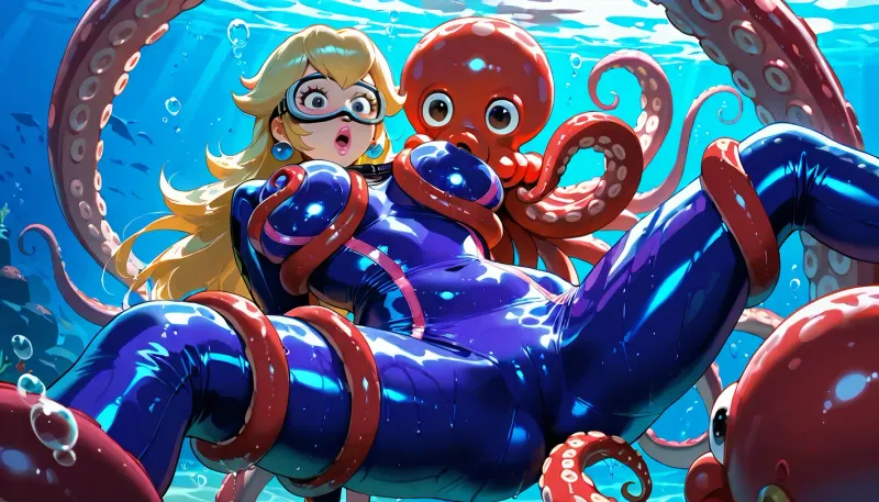 underwater, ((Princess Peach from "Nintendo")), shiny pink latex diving suit, long blond hair, (red octopus tentacles grabbing the woman and squeezing her breasts), beautiful face, big beautiful black eyes, pink lips, open mouth, shocked look, spread legs, floating in the water, realistic light and shadow, many air bubbles around, diving mask, very high quality, ultra wide shot, beautiful, low light, 4k, detailxl, Movie, Still, Film, Cinematic, Shot, Lighting, <lora:JuggerCineXL2:1.2>, <lora:sdxl_lightning_2step_lora:1.7>