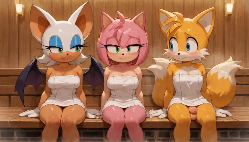 Amy Rose And Rouge the bat from the Sonic the hedgehog, 2 anthro, (Amy Rose and Rouge the bat are wearing white gloves), (Rouge the bat have her wings), Amy Rose beatiful small body, Rouge the bat beatiful body, Tails Miles Prover from sonic the hedgehog franchise, (Male Tails), anthro, furry, tails have his white gloves, Tails have small body, Tails have a small height, Tails have a thin body, in a sauna, (very detailed steam), sweat, Tails Miles Prover is sitting, (Tails Miles Prover is sitting in the centre), Rouge the bat and Amy Rose are Sitting of the sides of Tails Miles Prover, They all are wrapped in white towels, (Tails have a big Bulde under his white towel), ((Penis shaped buldge under Tails white towel)), Rouge the bat and Amy Rose are looking at Tails, Rogue the bat and Amy Rose are smiling, Tails is blushing, front view, masterpiece, professional image, very detailed image, 4K image