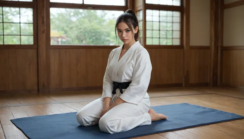 Dojo, best quality, very beautiful, Japanese girl with short black hair in a ponytail, 18 years, white judo jacket, white judo trousers, black belt, athletic build, kneeling on a blue mat, looking at the viewer, kooo123, koooenako, <lora:Enako_v1_XL:.8>
