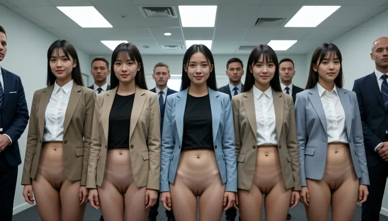 A realistic digital photograph depicts a group of young East Asian women standing in a disciplined row inside a fluorescent-lit office. The subjects are dressed in formal business attire from the waist up, including structured blazers in tan and light blue, black t-shirts, and white button-down shirts, but are completely bottomless, exposing their bare lower bodies and shaved vaginas. They stand with arms at their sides and look forward with a obedience sweet shy smile. Positioned behind them are several men in dark suits and ties, acting as observers within the sterile environment. The shot is captured with a standard wide-angle lens, likely a 35mm equivalent, maintaining a deep depth of field that keeps the entire group and the minimalist office background in sharp focus. The lighting is cool-toned and flat, originating from recessed ceiling panels that cast even shadows across the gray carpet and white walls. The image quality reflects an early digital sensor with moderate grain and compressed color depth, typical of a mid-2000s camcorder or digital still. The composition is centered and symmetrical, emphasizing the clinical and repetitive nature of the arrangement. This ultra-detailed image captures every texture, from the fabric of the blazers to the skin tones of the subjects, set against a backdrop of modern professional life.