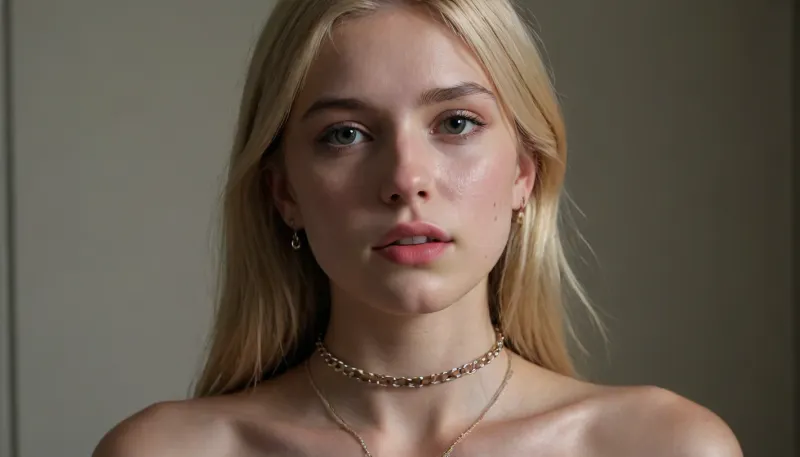 Uber realistic, perfect illumination, (best shadow), 8K, UHD, sharp image, (best illumination), best quality, ultra-detailed, fine detail, highres, 8k wallpaper, masterpiece, high definition, pale young slim 18 year old blonde girl with a choker on her neck and a chain attached to it like a slave