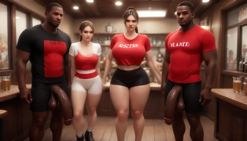 (((interracial:1.9))), blacked, (((25yo disgusted ginger waitress in short white tight shorts and red t-shirt groped by black guys with massive long flaccid veiny cock:1.7))), Tavern interior, (2 african men with extremly long flaccid cocks:1.3), (((black man with hyper long black cock, extra thick and 1 meter long black veiny cocks))), (((a curvy ginger waitress in a white tight shorts and red t-shirt talk to 2 african guys in jeans and black t-shirt:1.4))), (((A cock long enough to reach the ground))), front view, (((camel toe))), she rising middle ginger, single braid, handjob, many people around, T4v3rn, tavern, cover, blackedwear, ass, breasts, Christine_Duffy_P_MXAI_SDXL, <lora:T4v3rn:2>, <lora:BLACKED_girls:2>, <lora:Dramatic_penis_SDXL:2>, huge, cock, anime, hugest, man, ever, cumming, <lora:HugeAnimeCocks:.8>, Curvy, body, <lora:b8174d41-8ba7-4318-bc14-53ee7e353d91.TA_trained:.8>