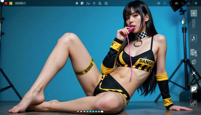 masterpiece, best quality, ultra-detailed, 1girl, solitary, east asian face, long dark hair, blunt bangs, sitting on studio floor, reclining pose, holding string of a pink whistle in mouth, checkerboard choker with metal O-ring, black and yellow race queen bikini, hazard stripes pattern, "DANGER" warning text on straps, black and yellow arm sleeves, matching thigh garter, bare feet, indoor photo studio, solid blue backdrop sweep, camera interface overlay, UI elements, photo framing, high contrast studio lighting, photorealistic, 8k resolution