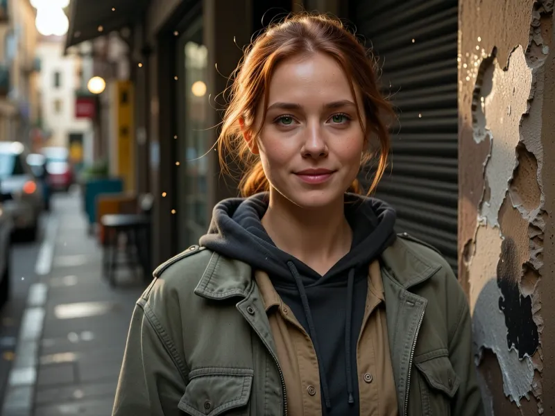 Ultra-realistic cinematic street portrait, exact recreation of the reference composition, an adult woman, 25 years old, positioned slightly right of center in the immediate foreground, framed from approximately mid-torso upward, body angled subtly toward the viewer while her face turns directly toward the lens, relaxed shoulders, calm confident posture, gentle closed-mouth smile, soft warm expression, direct eye contact, delicate natural facial structure, softly defined cheekbones, straight narrow nose, natural lips, deep green eyes, realistic asymmetry and subtle skin imperfections, medium olive-beige complexion with visible pores, fine facial texture and faint natural under-eye detail, long redhead hair loosely tied into a messy low bun, several fine strands falling naturally around her forehead, temples and cheeks, slightly windswept texture, layered worn street clothing, faded olive-gray oversized jacket with visible stitching, seams, creases and subtle stains, dark charcoal hooded sweatshirt beneath it, muted taupe shirt underneath, realistic layered collars and fabric thickness, narrow urban alleyway receding behind her toward the left, weathered wall immediately beside her on the right with peeling paint, rough plaster, graffiti traces and dark irregular patches, closed dark metal roller shutter behind her shoulder, heavily blurred background with indistinct parked vehicles, street furniture and storefront elements, warm golden-hour sunlight entering from behind and above, strong amber rim light tracing her hair and right shoulder, soft natural frontal fill on her face, glowing backlit stray hairs, tiny illuminated dust particles suspended in the air, shallow depth of field, creamy circular bokeh, 50 mm full-frame photographic look, approximately f/1.8, eye-level viewpoint, extremely sharp focus on eyes and facial skin, background strongly defocused, warm cinematic color grading, muted olive, brown and charcoal palette, soft highlight roll-off, realistic dynamic range, subtle film grain, restrained microcontrast, natural optical imperfections, documentary authenticity, photorealistic skin, fabric and masonry textures, natural facial proportions, highly detailed professional editorial photography