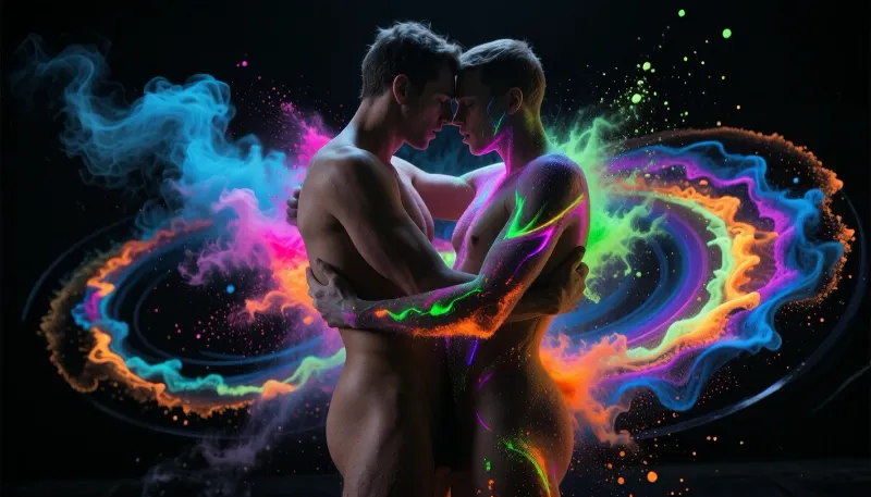 A masterpiece artistic image, an athletic nude couple has rough sex, abstract neon body art, two adult human forms locked in a close intimate embrace inside an absolute pure black void, no visible room, no floor, no walls, no horizon, no environmental depth, the couple only becomes visible through a violent swirling vortex of microscopic self luminous color pigments, as if an invisible wind machine is driving billions of powder particles through the darkness, dense spiraling clouds of electric cyan, hot magenta, ultraviolet violet, acid green, fluorescent orange, radiant yellow and deep neon blue orbit around the intertwined bodies, the airborne pigments form curved turbulent streams, concentric spirals, chaotic eddies and explosive dusty ribbons crossing the entire frame, individual grains remain visible inside the brightest areas, part of the pigment storm collides with the human forms and clings to shoulders, arms, backs, waists, hips, thighs and partial facial contours, gradually revealing the embracing figures from the darkness, the bodies seem to materialize directly out of the flying powder, large areas remain completely black and invisible while other areas emerge through thick layers of luminous dust, the couple does not appear as conventionally illuminated people but as two sculptural human forms constructed from accumulated neon particles, their arms wrapped closely around each other, torsos pressed together, heads tilted inward, faces almost touching, emotional intimacy expressed through silhouette, posture and physical closeness, powder gathering most densely at contact points and creating brilliant glowing transitions where the two forms merge, loose pigment continuously tearing away from their bodies and returning to the vortex, creating the impression that they are simultaneously forming and dissolving inside the storm, extremely strong self illumination only from the pigments, deep absolute blacks everywhere else, powerful localized bloom, subtle halation, radiant color diffusion through suspended dust, glowing particulate trails, fine atmospheric grain, extreme contrast, no conventional lighting, no visible light source, no skin realism, no clothing detail, only blackness, luminous dust and emerging human contours, contemporary gallery art, dynamic sculptural composition, hypnotic, intimate, mysterious, explosive, surreal, elegant, highly detailed, visually overwhelming, masterpiece quality