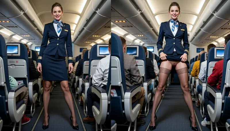 A highly detailed photorealistic diptych showing the identical adult woman, 28 years old, in exactly the same flight attendant uniform, hairstyle, accessories and fully occupied Boeing 747 cabin in both panels, she is an elegant long legged stewardess with a slender feminine figure, refined facial features, polished professional posture and a confident slightly mischievous presence, wearing a tailored airline uniform with a fitted blazer, matching knee length stewardess skirt, silk neck scarf, sheer tights, polished high heels, discreet name badge and neatly styled hair, left panel photographed at natural eye level in the rear section of a crowded Boeing 747 behind rows of seated passengers, overhead bins, reading lights, aisle signs, seatback screens and the long cabin stretching forward, she notices the viewer with genuine pleasant surprise, bright eyes, a warm spontaneous smile and playful almost flirtatious confidence, right panel showing the exact same woman, same blazer, same separate uniform skirt, same scarf, same tights, same heels and same aircraft cabin, she is clearly standing upright on both feet, never sitting or kneeling, positioned discreetly in the rear of the cabin while the seated passengers remain facing forward, photographed from an extreme floor level frog perspective looking steeply upward, her legs slightly apart in a natural balanced stance, she looks directly downward into the lens with a secretive delighted smile and conspiratorial eye contact, creating the feeling of a brief private moment unnoticed by the surrounding passengers, she lifts only the hem of her tailored stewardess skirt upward with both hands while the blazer remains perfectly in place, deliberately revealing elegant opaque white lace underwear beneath the raised skirt, no nudity, no genital exposure, clearly staged consensual adult fashion photography, dramatic upward perspective emphasizing her standing posture, long legs, high heels, sharp tailoring and direct downward gaze, perfect identity consistency between both panels, identical facial structure, body proportions, uniform, accessories, lighting and cabin surroundings, ultra refined facial rendering, intricate iris detail, crisp eyelashes and eyebrows, visible pores, subtle peach fuzz, realistic skin translucency and natural skin sheen, highly detailed hands and fingers, individually rendered hair strands, extremely detailed uniform textile weave, stitching, seams, skirt structure, blazer construction, scarf fibers, sheer tights and delicate lace texture, realistic aircraft plastics, seat fabrics, brushed metal and soft cabin reflections, premium ultra high resolution rendering, razor sharp micro detail, sophisticated depth of field, cinematic cabin lighting, deep natural shadows, subtle analog grain, full frame photographic quality and exceptionally rich material detail throughout