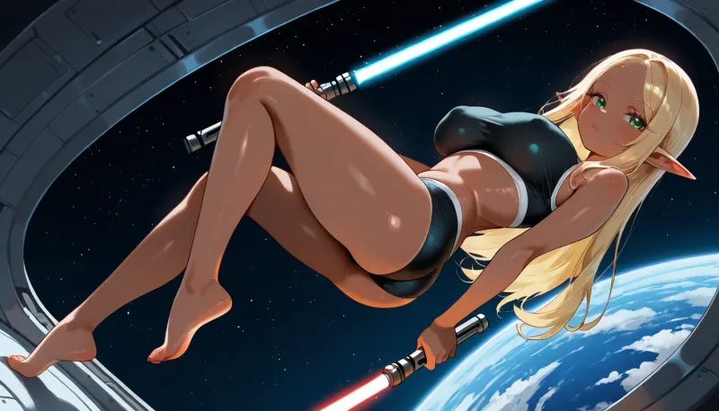 full body view, hot young elf, (petite:1), standing, in space ship, ((big round boobs:1)), blonde hair, green eyes, black sports underwear, bare feet, with lightsaber