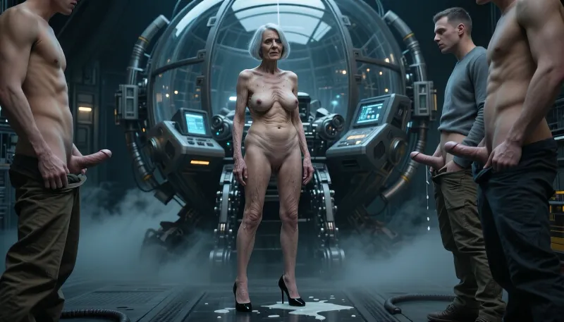 (A 90-year-old naked woman:1.8), . Her skin is wrinkled. The old woman has gray hair., (Small, very sagging breasts:3.8), ., (Highly detailed skin), . Bob haircut., . A wrinkled old woman, completely naked, has very large areolas and wears black high heels. Her hair is cut in a short bob. She stands in the middle of clothed men who have taken their penises out of their pants and are watching her while masturbating. Some of their semen falls to the floor, and the rest in the direction of the woman. The old woman seems satisfied.

cinematic shot of a lone pilot inside a spherical, high-tech glass cockpit of a complex mechanical walker, intricate metallic structure, dark industrial aesthetic, gritty textures, glowing control panels, moody atmospheric lighting, misty and foggy environment, dystopian sci-fi vibe, highly detailed mechanical parts, volumetric fog, sharp focus, masterpiece, 8k resolution, photorealistic, industrial design, cinematic composition, desaturated color palette with cool blue and grey tones.
