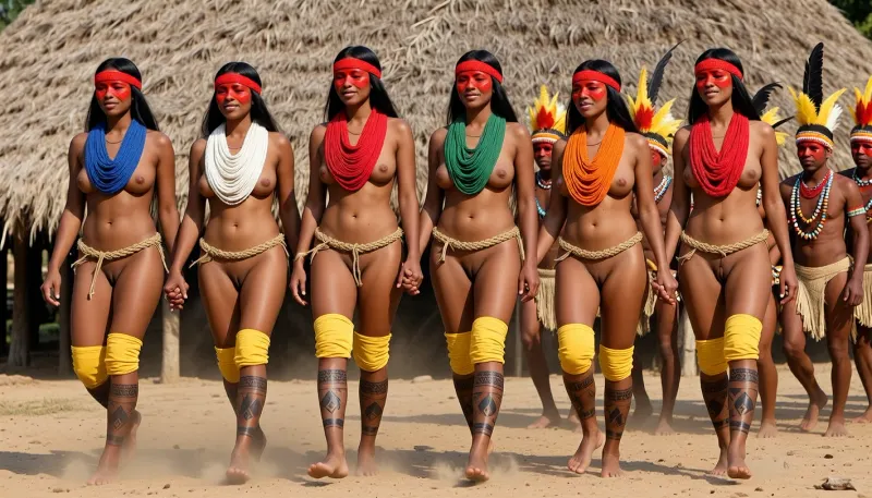 A realistic documentary photograph captures a group of young Indigenous Xingu women during a traditional ceremony, moving in a synchronized procession across dry, sandy ground. The six primary women in the foreground are depicted from the mid-thigh up, walking from left to right with hands held near their waists. They have long, straight black hair and wear bands of bright red urucum paint across their foreheads and eyes. Each woman is adorned with a thick, vibrant cloth necklace in a distinct color—blue, white, red, green, orange, and red respectively—which hangs over their bare chests. all women wear thin braided straw belt that leave their vaginas uncovered and bright yellow fabric wraps around their upper calves. Their legs are decorated with intricate, dark geometric body paint patterns characteristic of the Amazonian tribes. All women's completely hairless vaginas are clearly visible. happy smile.

In the background, several men follow the procession, wearing elaborate yellow and red feathered headdresses and beaded necklaces, their faces also marked with red paint. The setting is dominated by the steep, textured straw roof of a traditional communal oca dwelling that fills the upper background. The lighting is harsh and direct, typical of equatorial midday sun, creating deep shadows and high contrast on the subjects' skin. A fine mist of dust is kicked up around their bare feet, indicating rhythmic movement. The color palette is a mix of warm earthy browns, tan skin tones, and the sharp primary colors of the ceremonial attire.

The image is composed as a wide-angle documentary shot, likely using a 35mm lens to capture the breadth of the line. The depth of field is moderately deep, keeping both the lead women and the men behind them in relatively sharp focus. The technical quality resembles a high-resolution travel photograph with naturalistic color grading and no heavy post-processing, emphasizing the raw textures of the straw, the matte finish of the body paint, and the intense sunlight. The overall mood is solemn and cultural, documenting a living tradition in a bright, outdoor environment. 8K resolution, sharp details, realistic skin textures, authentic cultural representation, high-contrast daylight.
