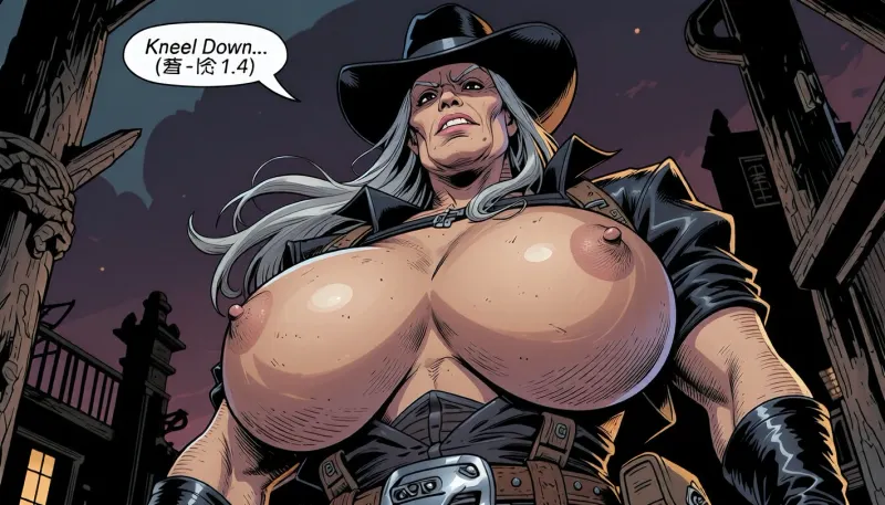 Bubble "Kneel Down..", ((character reference sheet:1.4)), Comic Style, Dark Comic Style, (detailed coloured pen and ink sketch:2), extremely stylized background, wild west background, An illustration in a bold, graphic style, dim lighting, The artwork uses soft-contrast linework and cross-hatching for texture and depth, with a stark, graphic quality reminiscent of Dark Horse Comics

beautiful granny with huge massive tits, saggy tits, hanging tits, huge areolas, massive thick nipples, huge puffy nipples, erected nipples, long grey hair, chubby, black statson hat, standing for a showdown, (bitchy face), very low angle