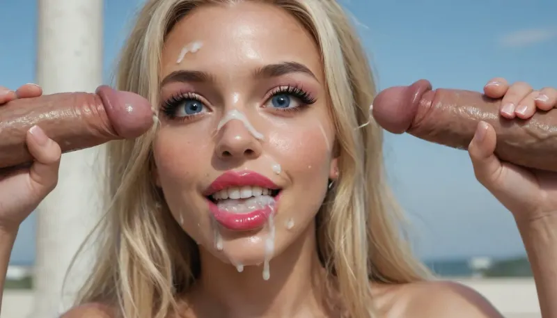 (happy surprised age 25 bukkake whore bimbo slut:1.4), long blonde hair, natural portrait twilight, painted eyes rollingshining iris, very long fake eyelashes, (((too much lipstick sturated))), deepred super glossy, big botox bimbolips, heavy eyeliner, heavy fashion makeup colourful, pretty face, brunet, (bopcut), slick straight, (blowjob handjob cum facial vainy cock excessive cum dripping mouth:1.4), blue sky