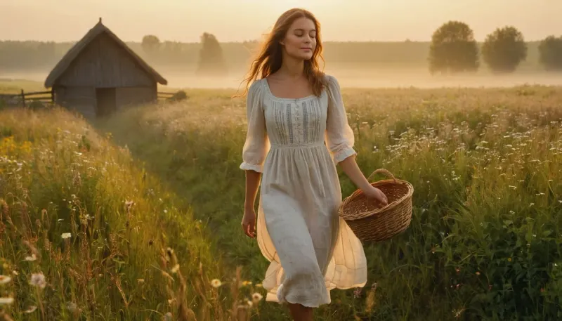 Beautiful young Slavic peasant woman in her early 20s walking barefoot along a narrow dirt path through misty hay fields at golden hour dawn, simple elegant cream linen dress with modest square neckline and rolled sleeves, slightly damp from morning dew clinging to the fabric, long wavy chestnut hair with wildflowers and herbs woven in, warm golden sunlight filtering through birch and oak leaves, soft volumetric god rays, light fog rolling over wildflower meadows, birds taking flight, dewdrops sparkling on grass and her skin, peaceful serene expression, face illuminated by warm light, eyes full of calm and quiet harmony with nature, carrying a small wicker basket filled with freshly gathered herbs, wooden fence and distant thatched cottages in soft background, idyllic pastoral atmosphere, cinematic lighting, painterly photorealistic, ultra detailed skin texture and linen fabric, masterpiece, best quality, 8k, intricate details, sharp focus, film grain, gentle genuine smile, eyes half-closed enjoying the sun, butterflies around her, scent of fresh hay and wildflowers, pure peace and harmony
