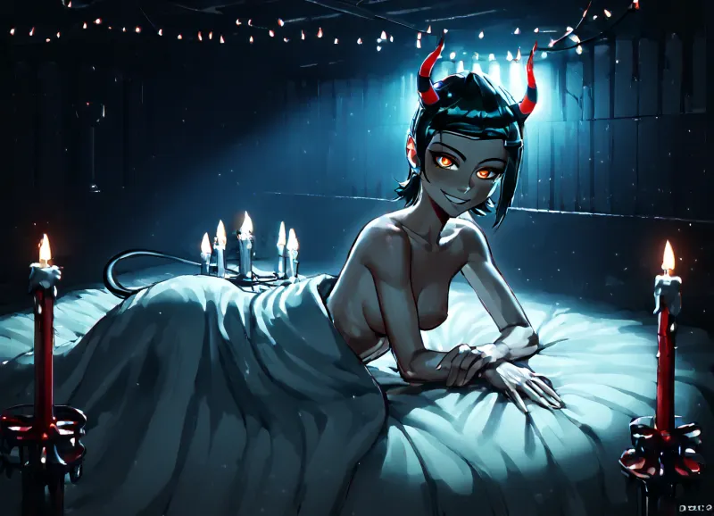 masterpiece, best quality, highly detailed, (anime:1.2), BREAK, (pov lying on side in bed), (extreme closeup focus on upper body:1.2), (solo), ((a gorgeous 25 year old white succubus with demonic, wings, horns, tail)), (nude, she is under the covers and in bed with viewer, lying next to viewer), (succubus has long black hair bob haircut), (wide open orange eyes), (5 fingers, perfect fingers:1), natural b cup boobs, slim, athletic, gymnast body, smiling, aroused, horny, (extremely dim lighting with source only from candles, darkness, extremely dark room, romantic atmosphere:1.4), (extremely dark and romantic environment:1.2), (all lights are out in room, dim candle lights are the only source of lighting:1.2), (rose flower peddles in a line on the bed leading up to her beautiful pussy:1.2), (bedroom:1.2), (rose flower peddles scattered across bed, bottle of bourbon, heart shaped box of assorted chocolates), (fireplace:1.2), (dark moonless night, nighttime:1.2), (snowing outside), RAR, gwen, tennyson, (/Ben10), /, (ultra, HD, quality, details), bright, orange, hair, short, (green, eyes), <lora:Better Anime Backgrounds - [Background] - SDXL Version 1:.5>, <lora:Gwen Tennyson (Ben10) - XL SCXL V1.0:.8>