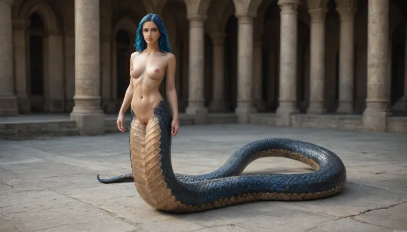 Lamia, Naga, Masterpiece, 8K, realistic, sexiest eyes, perfect eyes, highest quality, high detail, black shiny snake scales, (1 female, lamia, full-length, standing, humanoid:1.2), detailed body proportions, detailed vagina, ((gorgeous 35-year-old lamia girl with a snake tail)), (wet vagina), shiny dark blue hair, nipple, (lamia girl naked, with natural F-cup breasts), slender, athletic, skinny body, demi-human, anatomical snake tail, streets of a ruined city