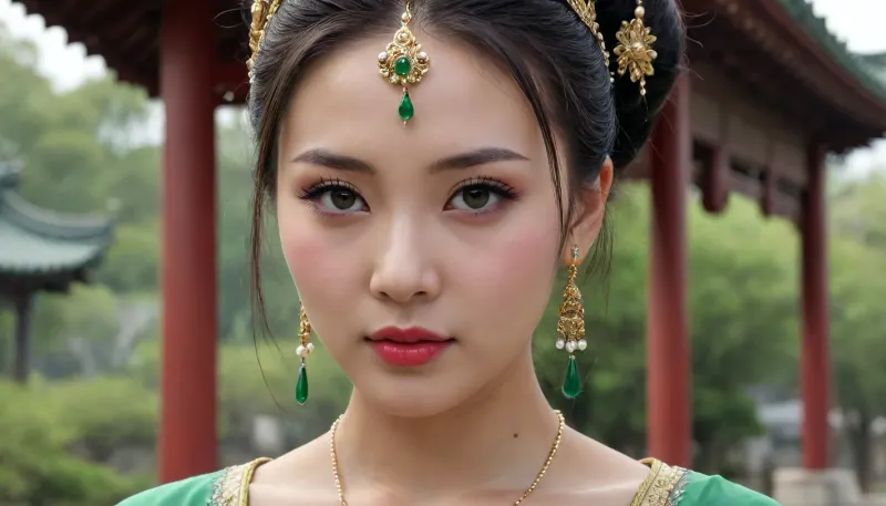 Masterpiece, realistic photography, of an enchanting Chinese empress, 20 years-old, ultra-realistic, black hair, flawless clear skin, detailed body, detailed face, realistic body, realistic face, beautiful piercing green eyes, realistic eyes, angelic face, sultry looking, distant look, 3/4 view, pagoda in the background, peaceful face, wearing tiara, and earrings, with red ruby droplets, classic oriental headdress, close-up face, cinematic view, background blur, large format