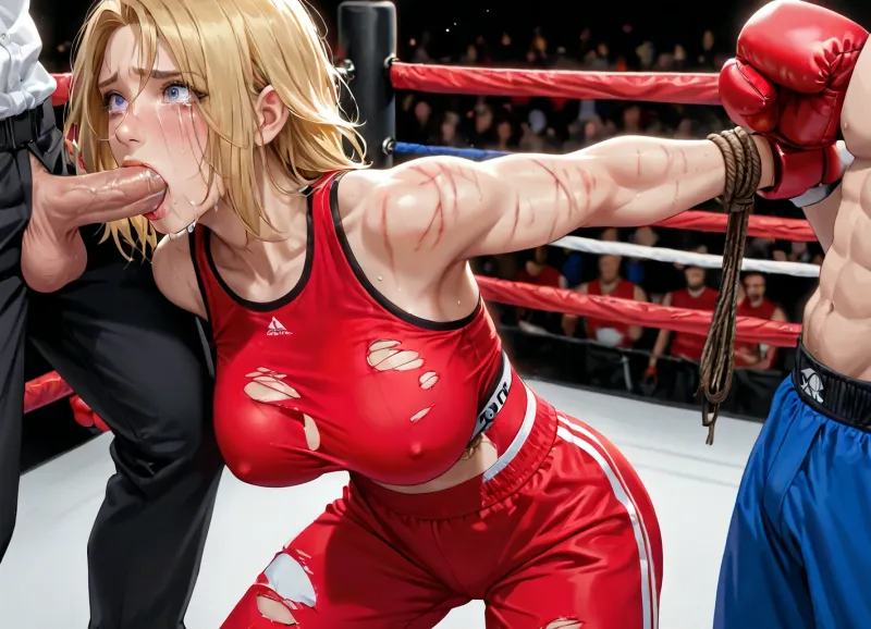 best quality, woman with long blonde hair, large breasts, red sports bra, ripped sweatpants, one breast exposed, ((whip marks on body)), hands tied with rope, (blowbang, face fuck), boxing ring, crying, tears, scared