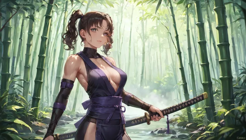 best quality, ninja girl with short brown hair in pigtails, athletic build, medium breasts, purple and black ninja costume, holding a katana, bamboo forest