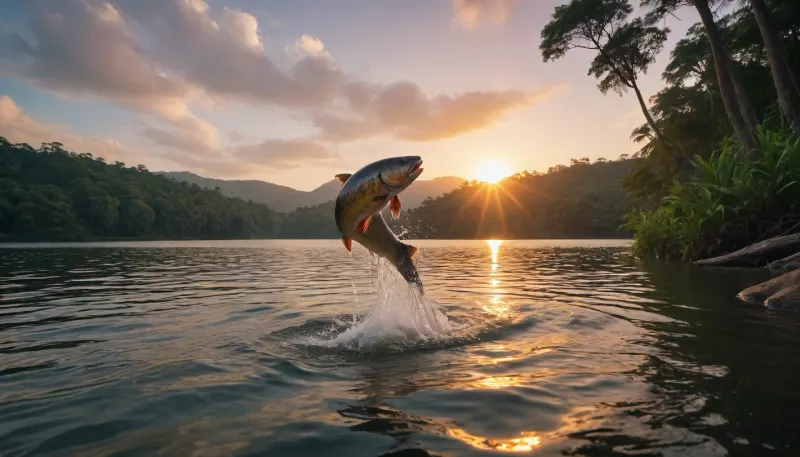 Very realistic, highest quality, full color image, 8K resolution, sunrise, dense tropical forest, lake, bright rich colors, big fish jumping out of the water.