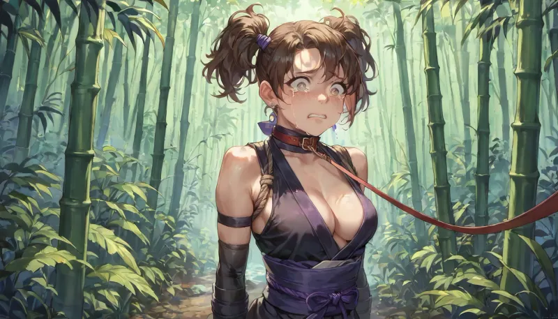 best quality, ninja girl with short brown hair in pigtails, athletic build, medium breasts, purple and black ninja costume with visible cleavage, rope leash, (pulled by leash through forest), bamboo forest, afraid, tears