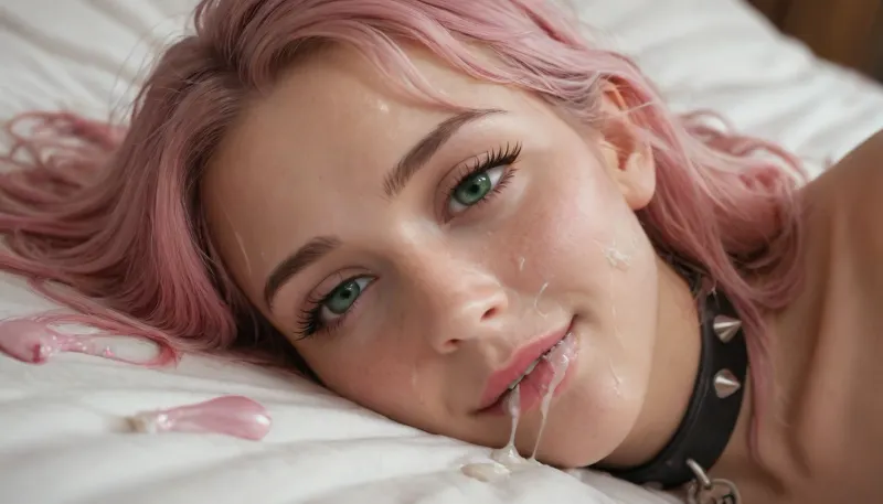 Delicate scandinavian 23 years old girl with pink hair and emerald green eyes and fair skin. close-up on head of cute slutty woman, laying on bed after having been used intensely, facing viewer, tired but happy, slight smile, black makeup, (forehead full of cum:1.1), (nose full of cum:1.1), (mouth full of cum:1.1), (cum running onto bed:1.1), (lots of cum), (loads of cum), bukkake, warm light, beautiful morning, (wet hair), (long eyelashes), (collar with spikes:1), (green eyes), (black bed linen), (used condom in mouth:1.1), (pink hair:1.5)