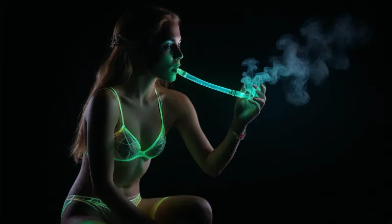 Create a hyper-realistic, highly detailed image of a confident, self-assured 30 years old woman in backlight, (holdes a glowing glass bong:1.5), (smoke backlit by the light in the air:1.5), (wearing futuristic neon glowing lingerie:1.7), The lingerie consists of separate pieces, like a delicate bra and matching panties, (adorned with intricate glowing straps and bondage-inspired elements:1.5), (glowing panties:1.4), (glowing coarse-mesh nylon stockings:1.5), (The glowing fabric is silky and translucent:1.2), (glowing with vibrant neon light:1.5), highlighting the skin beneath. The woman exudes strength and confidence, with a commanding presence and a hint of aloofness. Complement the look with a chunky, futuristic choker and a coarse, fishnet pantyhose, adding an edgy, slightly provocative touch. Emphasize the luminous glow of the fabric and the realistic texture of the skin, creating a visually stunning and powerful imagem, (maximum detail), (super realistic photo:1.4), DonMSp3ctr4lXL, <lora:DonMSp3ctr4lXL-000008:1.8>, <lora:dark:.8>, <lora:detailed_notrigger:1.7>