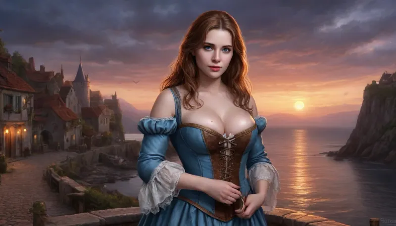 (one woman, Mirabelle Monet from Oblivion, french, mature 40 year old, ginger/brown hair, small breasts, chubby/fat body and face), (coast by small poor medieval seaside village, dark rainy night), (wearing revealing sky blue dress with brown laced bodice corset exposing breasts), (covering breasts with hands), blue atmosphere, perfect eyes, five fingers, (artwork, digital painting, concept art, flat colors, loading screen art style), <lora:LegendDarkFantasy-000001:1>