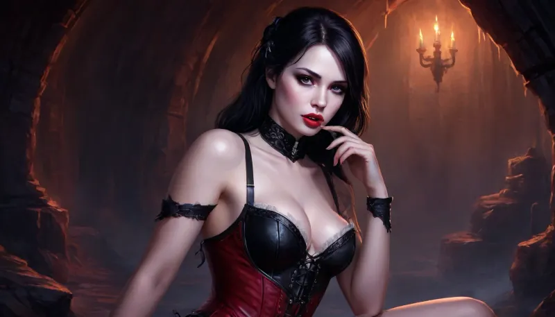(one woman, Alva, 25 year old, pale skin, small breasts, vampire, black hair, seductive lips, sensual eyes), (inside medieval vampire cave/lair), (wearing skimpy tavern wench corset), (one hand grabbing breast, other hand laying finger on lips/tongue), dark ambiance, perfect eyes, five fingers, artwork, digital painting, concept art, flat colors, loading screen art style, <lora:LegendDarkFantasy-000001:.6>