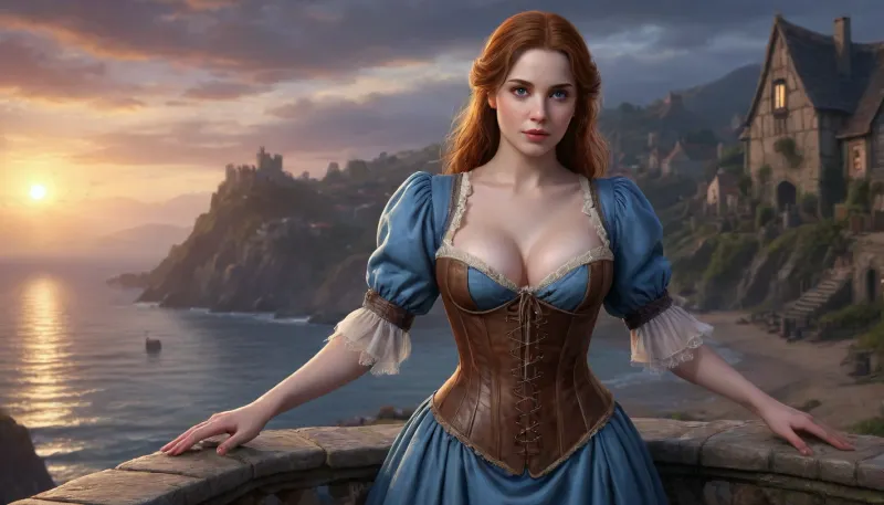 (one woman, Mirabelle Monet from Oblivion, french, mature 40 year old, ginger/brown hair, small breasts, chubby/fat body and face), (coast by small poor medieval seaside village, dark rainy evening), (wearing revealing sky blue dress with brown laced bodice corset exposing breasts), (covering breasts with hands), blue atmosphere, perfect eyes, five fingers, (artwork, digital painting, concept art, flat colors, loading screen art style), <lora:LegendDarkFantasy-000001:.8>