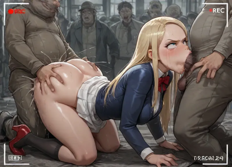 Nsfw, from side, gangbang, enf, perfect face, masterpiece, big eyes, (wide-eyed:1.2), (the girl is 18 Years old French girl dressed in no panties and white skirt and Navy blue blazer and white shirt and red bow tie and Black socks and red shoes and Silver ring bracelet), blue eyes, (blonde hair:1.3), (forehead:1.3), (swept bangs:1.2), long hair, (natural straight hair:1.3), (angry:1.4), (crying:1.2), (tears:1.5), (ahegao:1.4), (orgasm:1.3), (scream:1.2), blushing, open mouth, shouting, French face, furrowed brow, (medium breast), (excessive deep throat:1.4), long shot, city street, (recording:1.2), (homeless man:1.6), (homeless oldmen crowd:1.4), (homeless man is excessive forced sex:1.3), {{{ man grope buttocks of girl, 1.5}}}, the girl handjob man, ((man grope her buttocks from behind:1.5)), scared Up skirt, (the smiling man is dressed suit:1.7)