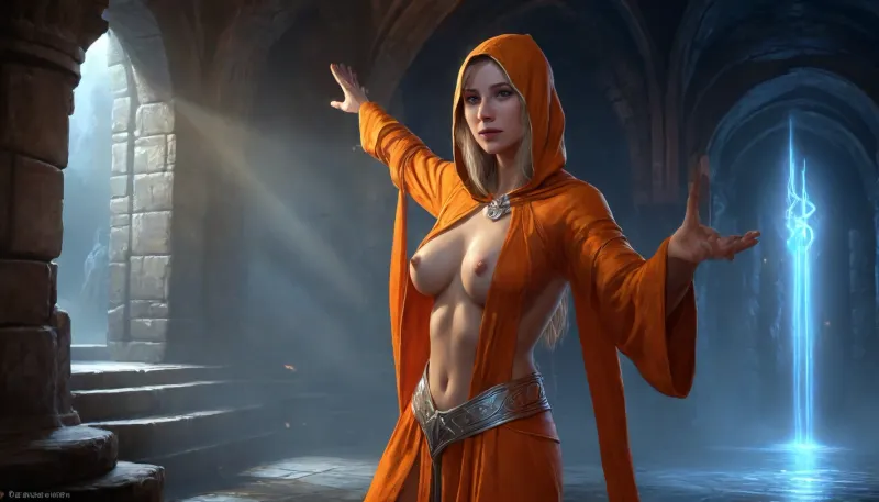 (one woman, Senna from Skyrim, 30 year old, french, bright blonde medium hair ponytail, small narrow squinched eyes, small breasts, neutral face without smile), (inside medieval underground bathhouse, silver stone walls), (spreading arms up-forward), (open orange medieval robes with hood, exposed breasts), close-up side view, blue light atmosphere, dark ambiance, five fingers, (artwork, digital painting, concept art, by syd mead, flat colors), <lora:LegendDarkFantasy-000001:.6>