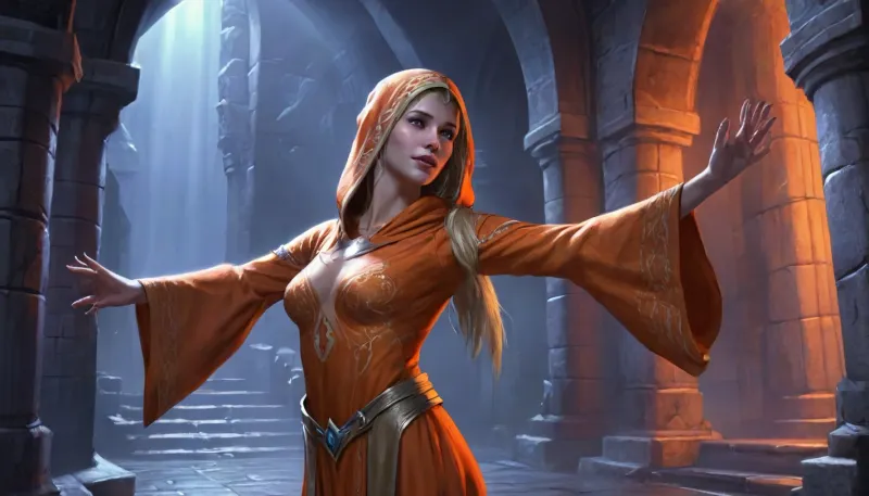(one woman, Senna from Skyrim, 20 year old, french, bright blonde medium hair ponytail, small narrow squinched eyes, small breasts, neutral face without smile), (inside medieval underground bathhouse, silver stone walls), (spreading arms up-forward), (slightly open orange medieval robes with hood, barely visible breast shape), close-up side view, blue light atmosphere, dark ambiance, five fingers, (artwork, digital painting, concept art, by syd mead, flat colors), rnewe, <lora:LegendDarkFantasy-000001:.1>, <lora:artifact:1>
