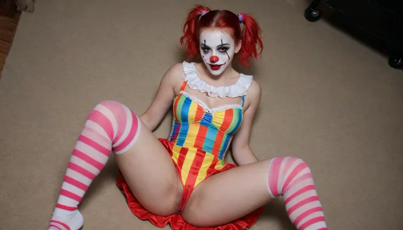 young beautiful girl 18 years old clown girl with big breasts, wearing a pulled-up dress without any underwear, laying on her back with spread legs, no panties, long striped socks, clown makeup, skinny, white face paint, detailed vagina, looking at the viewer, back long high twin multi-colored ponytails, excited, aroused, tack sharp, 4k, dslr