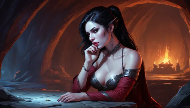 (one woman, Alva from Skyrim, 25 year old, pale skin, small breasts, vampire, black hair, seductive lips, sensual eyes), (inside medieval vampire cave/lair), (wearing skimpy tavern wench clothes), (one hand grabbing breast, other hand laying finger on lips/tongue), (artwork, digital painting, concept art, by syd mead, flat colors), <lora:LegendDarkFantasy-000001:.8>