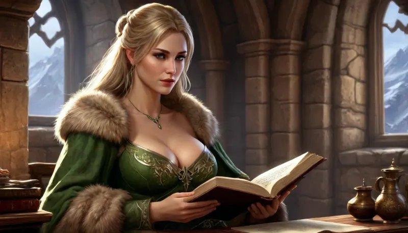 (one woman, Betrid from Skyrim, 40 year old, slight wrinkles, scandinavian, blonde medium hair, medium breasts, unpleasant face), inside medieval stone house without windows, (wearing brown fur shawl and medieval noble ornamental green dress open exposing breasts), (sitting, reading a book, covering breasts with book held up, breasts hidden behind open book), close-up view, (fantasy art, artwork, digital painting, concept art, by syd mead, flat colors), <lora:LegendDarkFantasy-000001:1.1>