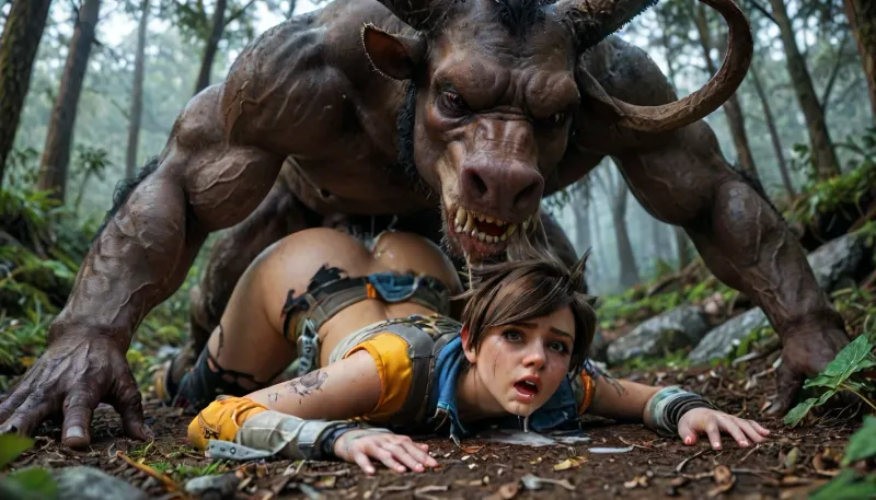 8k, score_9, score_8_up, score_7_up, UHD, 8k wallpaper, (maximum quality:1.5), beautiful face, FILM PHOTOGRAPHY STYLE, cinematic photography of a woman, professional portrait photo realism, tracer from overwatch, (crying, tears, ruined makeup, screaming, shocked face), torn clothes, ripped clothes, monster sex, minotaur, colossal pawg ass, ultra detailed face, colossal hips, perfect torso, perfect body, pear shaped, pinned, restraining, headlock, monster grabbing, vaginal sex, vaginal creampie, pained expression, fucked by minotaur, vaginal monster sex, colossal cock, colossal leathery balls, impossible fit, large leaking creampie, dripping cum, snow forest, girl full body view, side view, <lora:detailed_notrigger:.5>, <lora:add-detail-xl:.5>, <lora:LCMTurboMix_Euler_A_fix:.5>, <lora:style_lora_realis:.5>