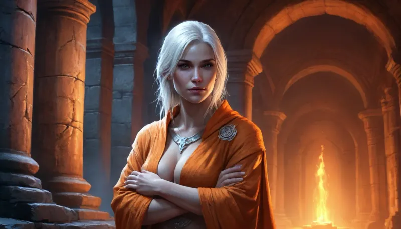 (one woman, Hamal from Skyrim, 50 year old, scandinavian, white medium hair, wrinkles, small breasts, tired face), (inside medieval underground stone temple, silver stone walls, no windows), (open revealing orange medieval robes, exposing breasts), (folding arms, crossed arms covering breasts), blue light atmosphere, dark ambiance, (artwork, digital painting, concept art, by syd mead, flat colors), <lora:LegendDarkFantasy-000001:.2>