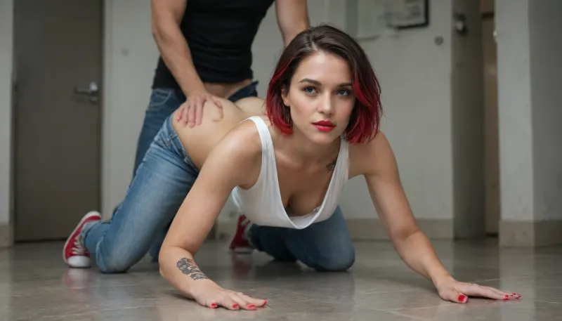41 years old hot beautiful sexy Polish mom, fit body, tanned skin, tattoos, medium size round fake blond, pink perky nipples, round areolae, short bob haircut, vivid red dyed hair, intensive red lipstick, red nails, brown eyes, thick and long lashes, black eyebrows, on all fours wearing skinny blue jeans and Red sneakers, on the tiled floor of dirty building corridor. Wears a white tank top pulled down to expose boobs. A man kneeling behind her fucks her doggy style. Man wears jeans and black t-shirt.
4k epic detail, realistic, detailed skin. sharp focus, high budget, moody, epic, gorgeus, score_9, score_8_up, score_7_up, rating, explicit, submissive, milf