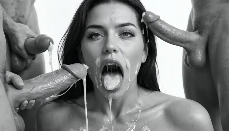 (milf:1.2), (black&white:1.9), white background, white room, close-up of a white man's 18 inch penis, hard-on, big testicles, the white man is sitting with his back to the wall, masturbating, he is shooting a cumshot on the face of a naked busty white woman, topless, gorgeous, (milf:1.1), (extremely long smooth black hair:1.5), (wide_hips:1.5), (Massive ass:1.1), (massive breasts:1), thin waist, the white woman is wearing shimmering shiny glossy black pantyhose with open crotch, The white woman is laying on her back, (gaping mouth:1.2), (realistic excessive thick runny cum all over her face and body), licking the dickhead of the whiten man's penis, mouthfull of cum, excessive cum dripping out of her open mouth, nose full of cum, mouth full of cum, lots of very thick cum, loads of cum, woman, on, face, excessive bukkake, cum, facialized, superfacialized, surrounded by dicks, 2+ men.