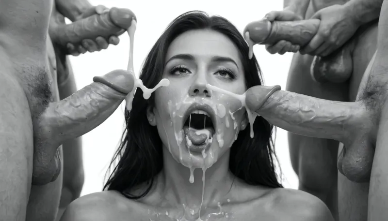 (milf:1.2), (black&white:1.9), white background, white room, close-up of a white man's 18 inch penis, hard-on, big testicles, the white man is sitting with his back to the wall, masturbating, he is shooting a cumshot on the face of a naked busty white woman, topless, gorgeous, (milf:1.1), (extremely long smooth black hair:1.5), (wide_hips:1.5), (Massive ass:1.1), (massive breasts:1), thin waist, the white woman is wearing shimmering shiny glossy black pantyhose with open crotch, The white woman is laying on her back, (gaping mouth:1.2), (realistic excessive thick runny cum all over her face and body), licking the dickhead of the whiten man's penis, mouthfull of cum, excessive cum dripping out of her open mouth, nose full of cum, mouth full of cum, lots of very thick cum, loads of cum, woman, on, face, excessive bukkake, cum, facialized, superfacialized, surrounded by dicks, 2+ men.