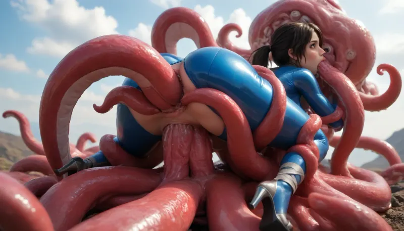 (Anime:1.5), (Woman suspended high off ground from octopus:1.5), (woman restrained and suspended from octopus:1.5), (woman’s body upright on top of octopus with her legs bound and spread:1.5), (octopus wrapped completely around front side of her body restraining and suspending her:1.5), (arms and legs entirely restrained by octopus:1.35), (carry_sex:1.5), (Highest detail:1.35), (extreme thick cum dangling from woman’s face and anus:1.35), (Triple penetration:1.5), (photorealistic face), photorealistic, (looking back over her shoulder face in view:1.35), (octopus slug wrapped completely around woman fucking anus:1.35), (octopus ponycock fucking woman's throat and anus balls deep:1.35), (colossal glowing yellow octopus slug), glowing yellow octopus and tentacles, (mounting over her:1.35), (octopus wrapped around front of her with ponycock in her anus:1.35), enormous fat hyper octopus over woman fucking her anus, (Enormous octopus slug wrapped around her body fucking her anus), (her arms and legs restrained), side angle view, (octopus ponycock in her ass:1.35), (octopus wrapped completely over front of woman), (anal penetration), octopus smothering woman, impregnation, (tight anus stretched with ponycock), (Extremely beautiful young woman:1.5), (lara Croft from tomb raider), (Extremely long hair), (long ponytail:1.3), (perfect body), high detail face, (extremely beautiful young face), (colossal fat hyper octopus fucking her mouth anus and pussy with ponycocks), fucking woman’s asshole, (triple penetration:1.35), (sucking ponycock:1.35), (deepthroat ponycock:1.35), throatfucked, (colossal thick coned ribbed ponycocks), swollen ponycocks, colossal cone shaped pony tentacles, (extremely hyper disgusted shocked facial expression:1.5), clinging to her chest, (wrapped around her hips), fucking her tight asshole, (tight sky blue latex bodysuit:1.35), (on top woman’s stomach fucking downwards in her anus:1.35), octopus fucking tight anus, tight asshole stretched by ponycock, full body view, (impossible fit), (woman's ass lifted upwards:1.5), (enormous thigh high light yellow fluffy platform heels:1.35), woman sweaty, tears, skinny woman, woman gagging on cock, sweaty, (woman covered with gooey cum), (squealing while throatfucking ponycock:1.5), testicles touching her, (extreme thick loads of gooey lumpy cum dangling from her anus and face:1.35), (woman's ass and face covered with extreme loads of thick lumpy cum), (extreme thick loads of lumpy cum dangling from her mouth and anus:1.35), (wasp waist), (skinny), (hourglass body), (High, Resolution), (More, Details), (8K), shocked, nonplussed, <lora:checkpoint-e100_s400:2>, <lora:aesthetic_anime_v1s:2>, <lora:EnvyGoddessXL06:2>, <lora:shocked:2>, <lora:EnvyBeautyXL12:2>