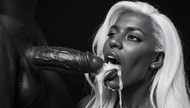 (milf:1.4), (black&white:1.9), black background, black room, close-up of a black african man's 18 inch penis, hard-on, big testicles, the white man is sitting with his back to the wall, masturbating, he is shooting a cumshot on the face of a naked busty mature black african woman, topless, gorgeous, (extremely long smooth white hair:1.5), (wide_hips:1.5), (Massive ass:1.1), (massive breasts:1), thin waist, the black african woman is wearing shimmering shiny glossy white pantyhose with open crotch, The black african woman is laying on her back, (gaping mouth:1.2), (realistic excessive thick runny cum all over her face and body), licking the dickhead of the black african man's penis, mouthfull of cum, excessive cum dripping out of her open mouth, nose full of cum, mouth full of cum, lots of very thick cum, loads of cum, woman, on, face, excessive bukkake, cum, facialized, superfacialized