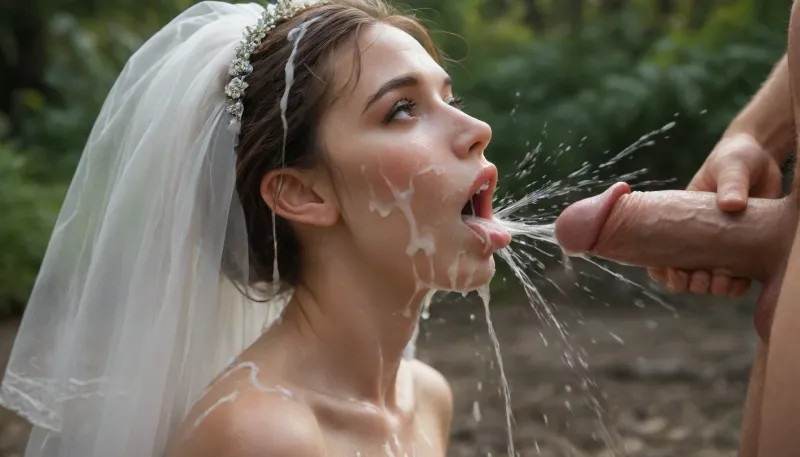 side view, After the wedding, outdoor, (((The bride performs oral sex on the groom, rewarded with huge projectile cum onto her face))), (((excessive cum squirting from penis onto her face))), ((cum facial)), (cum on face), (cum on hair), (cum on tits), (multiples spurts of cum), realistic cum, opened mouth, beautiful, sexy, slender, short brown hair, pointy nose, sexy pose, (skocked face), (look at viewer), man out of frame, colorfull, high res, masterpiece, best quality, ultra-detailed, 4k, soft lighting, soft shadows, perfect textured skin, <lora:White_Slime_Remastered_-_Anime:1.4>
