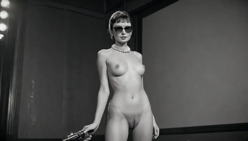 sensual naked woman, audrey hepburn, very hairy pube, natural breasts, old photo, black and white photo, grainy photo, full body view, freckles, mole, lightly smiling, holding .44 pistol, fully naked body, pearl choker, pearl earrings, sunglasses, legs spread wide, movie theater scenery, <lora:EnvyGothXL01:1.7>, <lora:Meru_Character_SDXL-000007:1.2>, <lora:Polaroidv2:1>, <lora:late night out_epoch_12:1.5>, <lora:Midjourney Image Enhancer XL v1:1.2>
